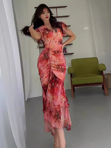 Thin Waist-Waisted French-Style Printed Bag Of Hip-Leaf Fishtail Dress